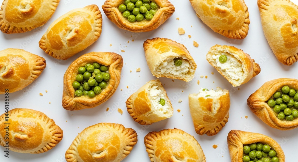 Golden pastries filled with peas and cheese creating appetizing visual spread. Golden pastries filled with peas and cheese creating appetizing visual spread.