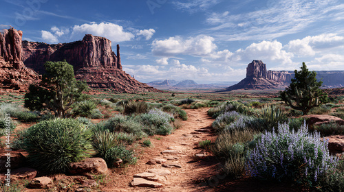 Red western desert valley landscape with low vegetation bushes and cacti, a path leading to the big sandstone buttes