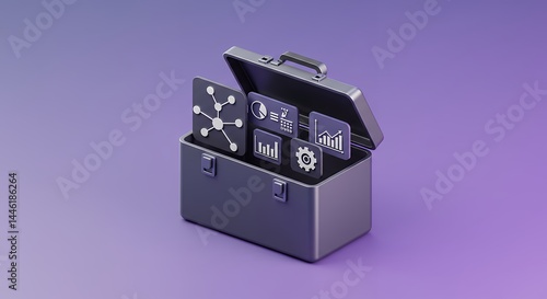 Open gray toolbox full of digital icons on purple background