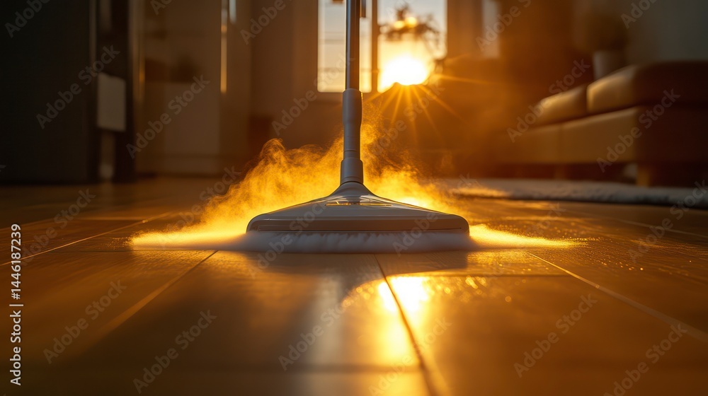 Sunlit Floor Cleaning with Steam Mop in a Cozy Living Room Setting Sunlit Floor Cleaning with Steam Mop in a Cozy Living Room Setting