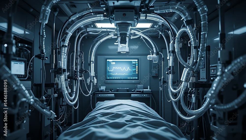 Medical Room Interior with Monitoring Equipment and Bed