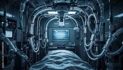 Obraz na płótnie Medical Room Interior with Monitoring Equipment and Bed w salonie
