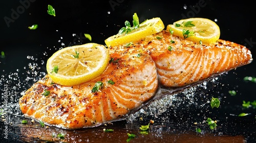 Pan Fried Salmon Fillet with Lemon and Herbs on Black Background Close Up