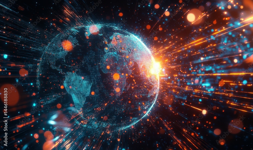 Obraz premium International data transfer, cyber technology, worldwide business, information exchange, and telecommunications on an abstract world map