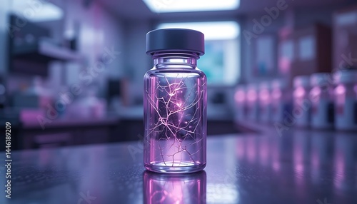Glowing Glass Vial on Table with Interior Laboratory Background
