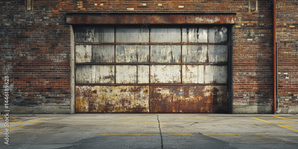 custom made wallpaper toronto digitalRusty metal garage door in a brick wall, showcasing industrial urban texture, ideal for grunge or vintage design conceptsFree space for text or advertisement