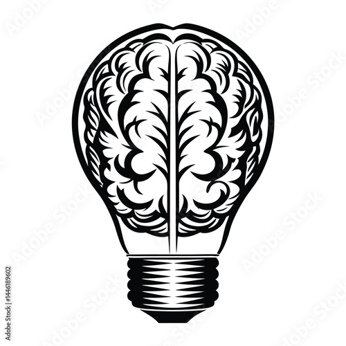 Light Bulb with Brain inside Isolated on White Background. Black and White Design
