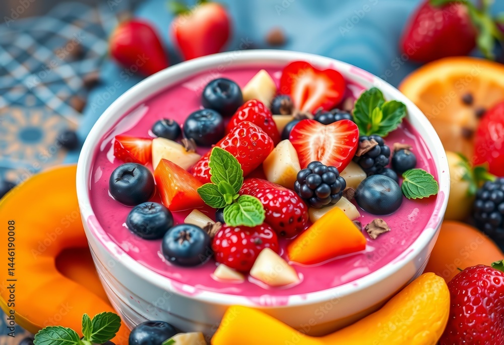Vibrant smoothie bowl overflows with colorful fruits & superfoods, breakfast, tasty Vibrant smoothie bowl overflows with colorful fruits & superfoods, breakfast, tasty