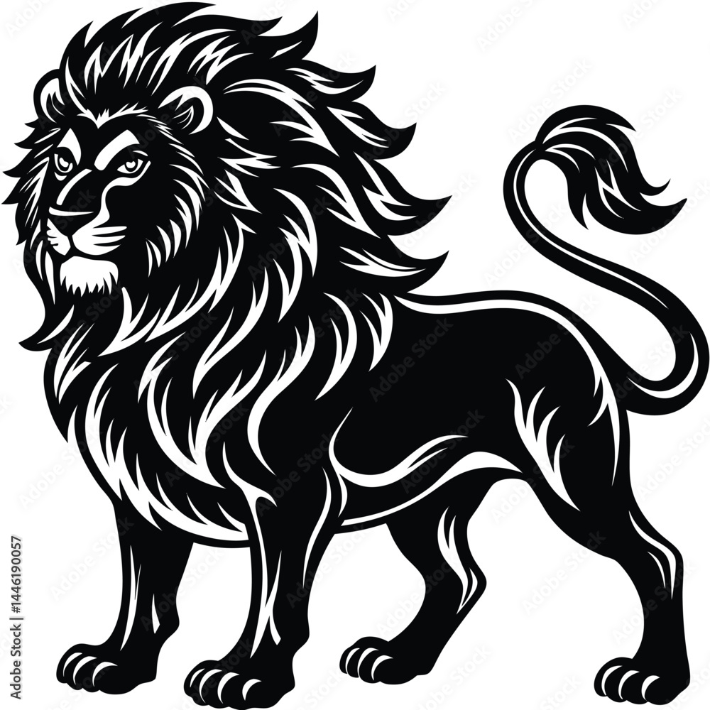 Fototapeta premium Majestic Lion Standing, Thick Mane, Detailed Black and White Art