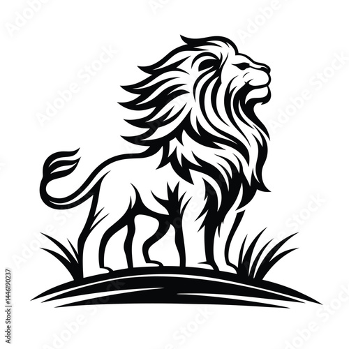 Wallpaper Mural Lion Standing Tall in Black Silhouette with Detailed Mane and Grass On White Background Torontodigital.ca