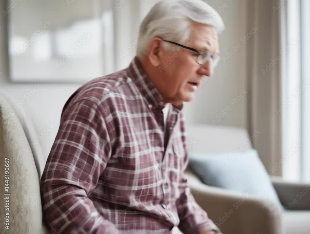 Senior man with pain in his back trying to stand up from the sofa, Senior man with pain in his back trying to stand up from the sofa,