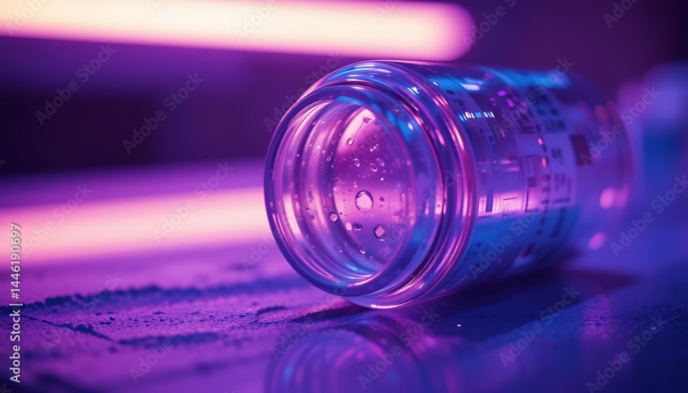 Glass Jar Illuminated with Purple and Blue Lights on Surface