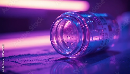 Glass Jar Illuminated with Purple and Blue Lights on Surface