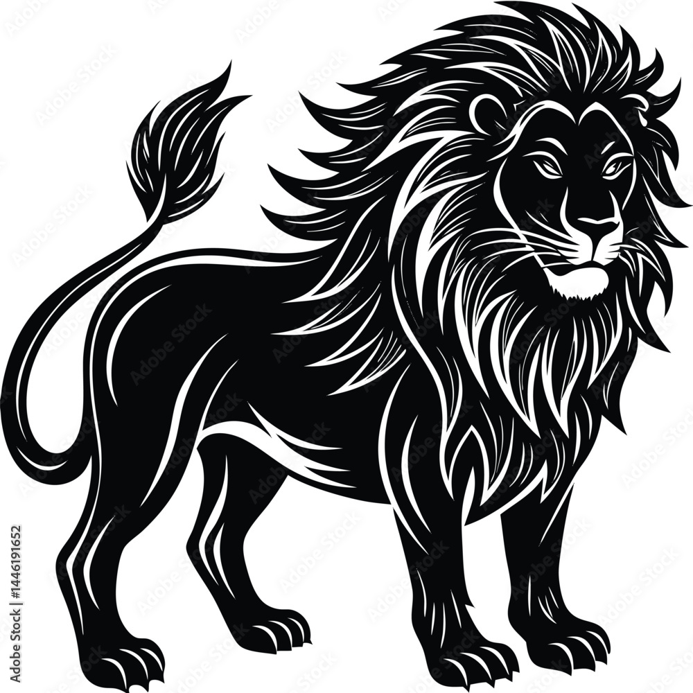 Fototapeta premium Lion Standing Silhouette, Feline Animal with Mane, Black and White