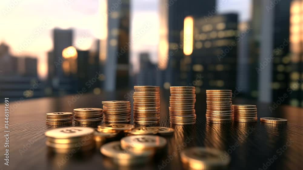 Golden stacks arranged diagonally across desk, cityscape fading into horizon light. Symbol of financial resilience and return strategy.
