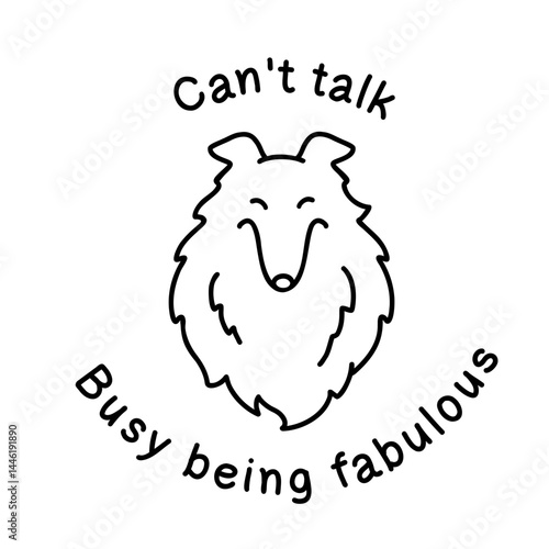 Gorgeous rough collie with fluffy coat and delighted face. Hand-drawn doodle-style illustration, black and white outline with text. Perfect for branding, social media posts and pet-related designs.