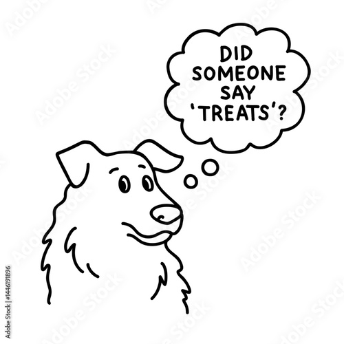 Cute golden retriever with curious face expression. Playful dog black and white doodle illustration with thought bubble. Sketch for pet-themed merchandise, stickers, children's books, and branding.