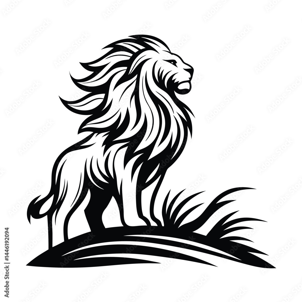 Obraz premium Bold Silhouette Lion Standing Tall in Grass, Style with Strong Contrast Design