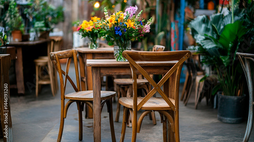 A rustic outdoor dining area with wooden tables chairs and vibrant flower arrangements in vases