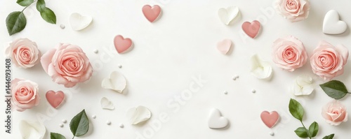 Romantic Valentines Day design with pink roses, white petals, and decorative hearts on a modern soft background