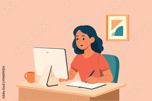Smiling young woman studies or works from home, taking notes in front of a computer in a warm, organized space.