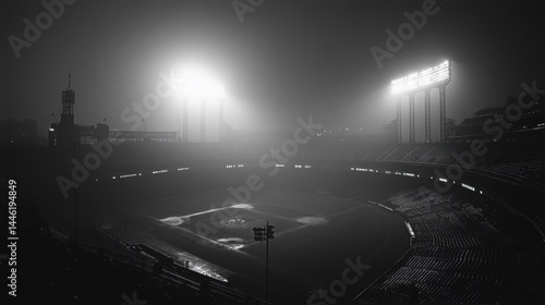 A moody, atmospheric view of a baseball stadium shrouded in mist under bright lights, perfect for conveying suspense or nostalgia in sports-related projects.
