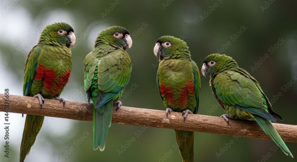 Obraz premium Four Green Parrots on Branch - Four vibrant green parrots with red accents perched on a branch against a blurred green background