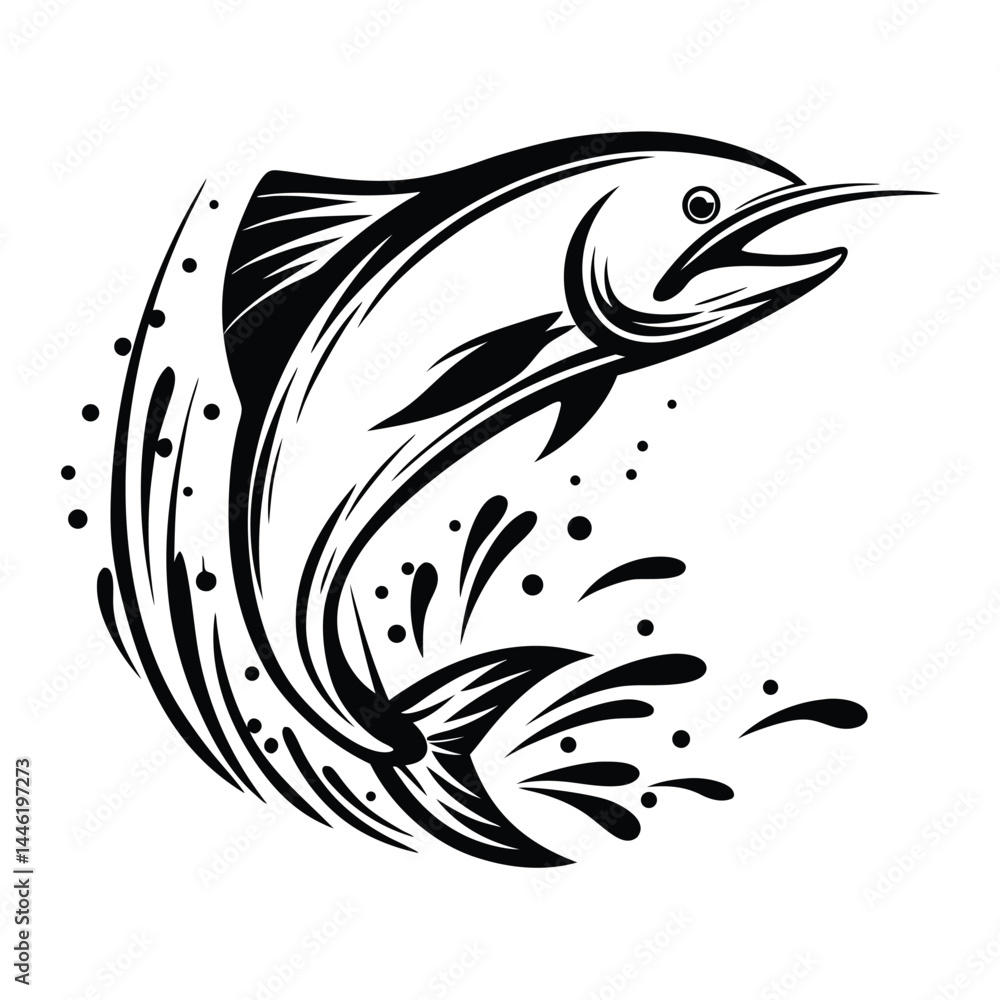Fototapeta premium Black Silhouette Fish Jumping with Splash of Water Drops on Isolated White Background