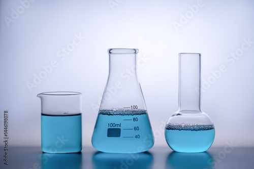 Laboratory glassware with blue liquid on reflective surface