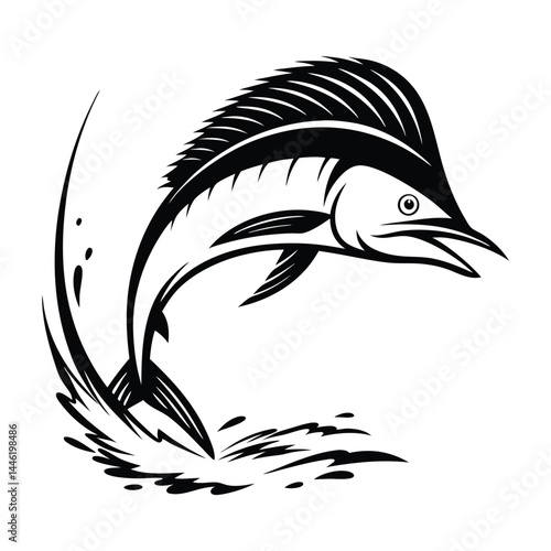 Marlin Fish Leaping Illustration, Black Silhouette with Water Splash in White Background