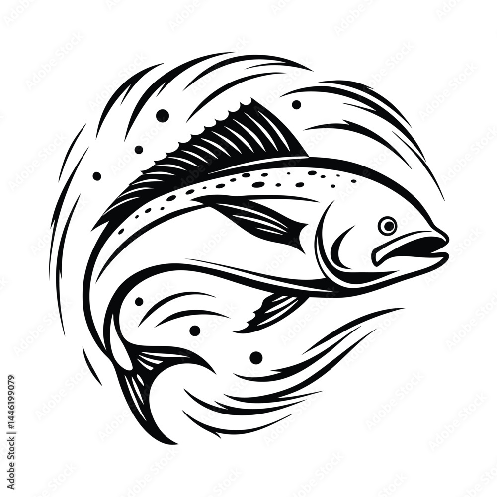 Naklejka premium Leaping Fish Silhouette with Motion Lines, Aquatic Wildlife in Black and White Design