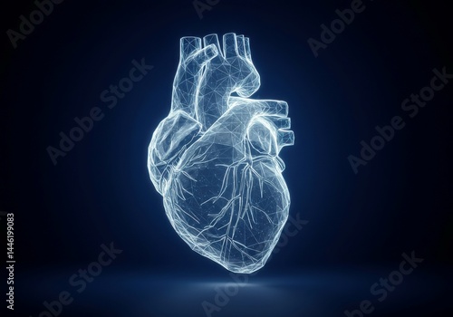 Neon polygonal heart model glowing on dark backdrop.