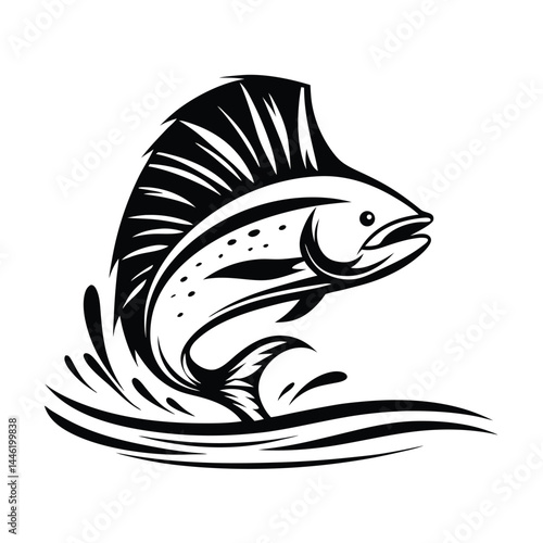 Marlin Fish Leaping Silhouette, Black Ink Drawing, Aquatic Wildlife, Sea Creature, Water Splash