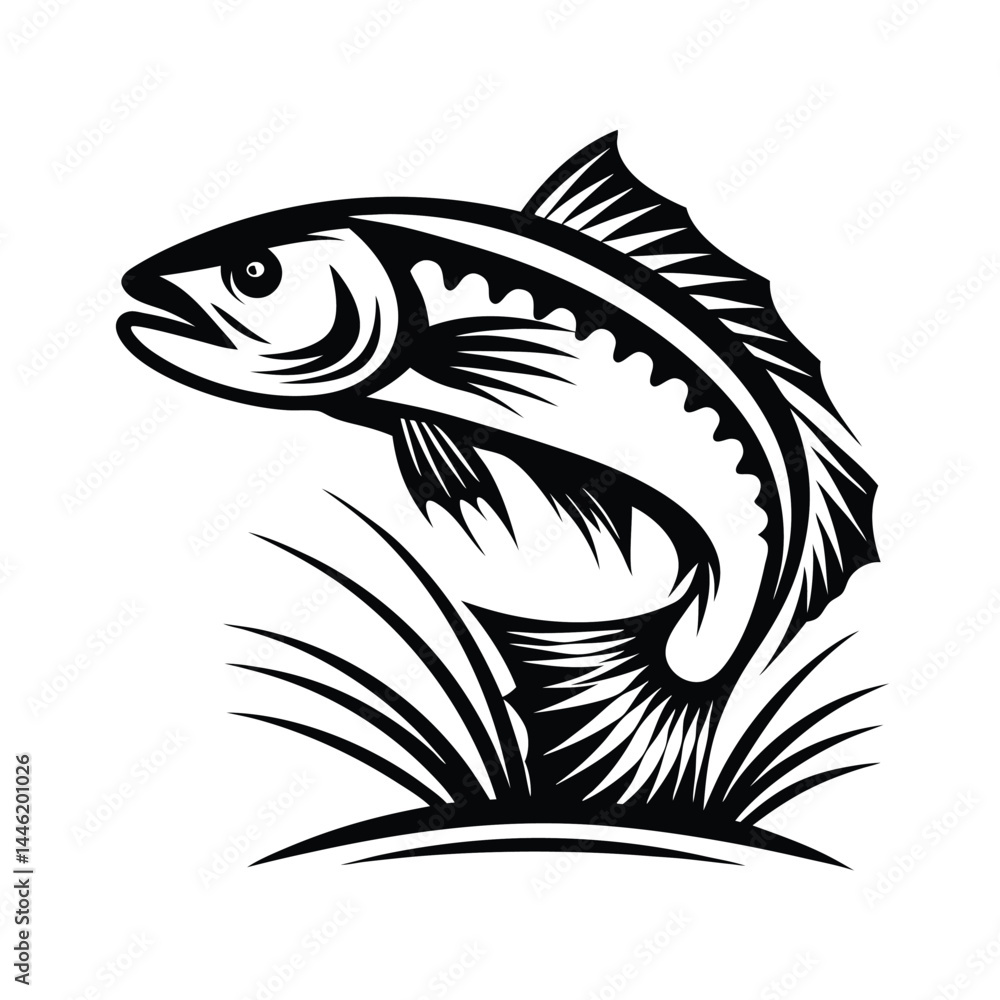 Fototapeta premium Black and White Fish Leaping from Water with Tall Grass, Monochrome Style Design