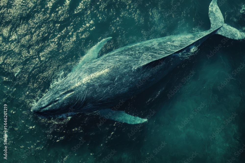 Fototapeta premium Massive sperm whale gracefully swims on the surface of a deep blue ocean, A huge sperm whale on water surface in blue ocean, aerial shot
