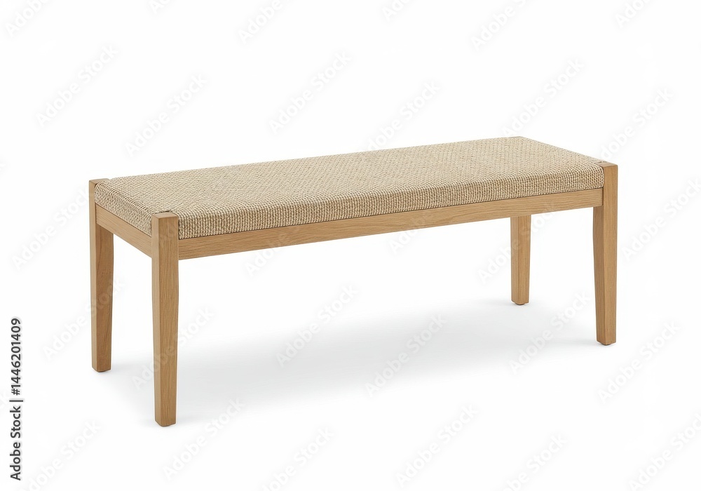 Close up of a light wood bench with a woven seat on a white background in a studio setting Close up of a light wood bench with a woven seat on a white background in a studio setting