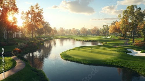 Tranquil golf course at sunrise
