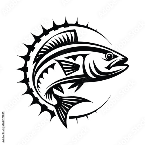 Fish Motif Black and White Tuna with Spiked Circle, Aquatic Wildlife Theme, Minimal