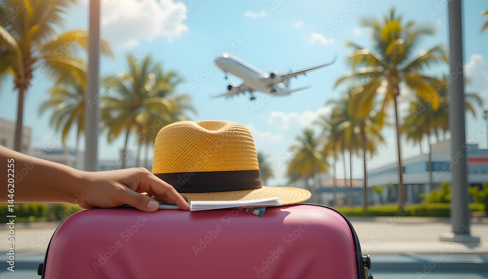 Fototapeta premium Ready for Summer Vacation – Tropical Airport Travel with Luggage, Hat & Airplane