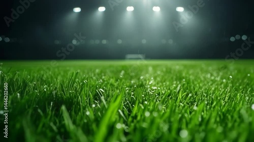 The camera flies over the stadium lawn. Working irrigation system on soccer field at night. Green lawn grass at a football stadium in the light of spotlight.