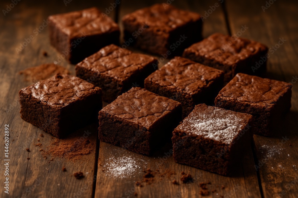 A batch of rich, fudgy chocolate brownies arranged on a rustic wooden surface. One piece is lightly dusted with powdered sugar, surrounded by cocoa powder and crumbs. A batch of rich, fudgy chocolate brownies arranged on a rustic wooden surface. One piece is lightly dusted with powdered sugar, surrounded by cocoa powder and crumbs.