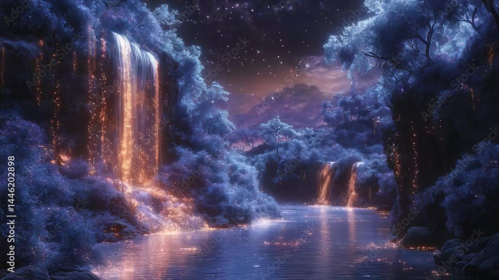 Magical night scene of glowing waterfalls cascading into a sparkling river, surrounded by bioluminescent trees and flowers under a starlit sky. Magical night scene of glowing waterfalls cascading into a sparkling river, surrounded by bioluminescent trees and flowers under a starlit sky.