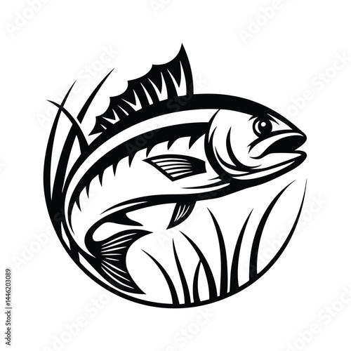 Black Fish Silhouette with Decorative Grass, Wildlife Aquatic Element, Monochromatic Art