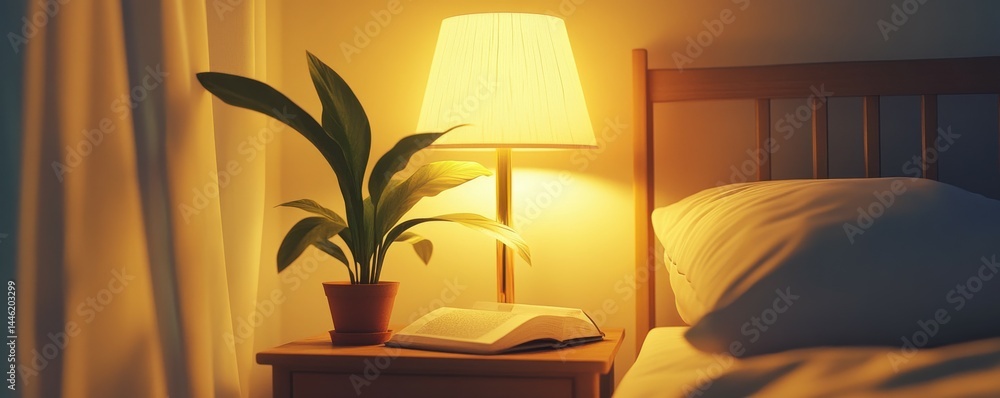 A close-up of a bedside table with a lamp, a potted plant, and a book. The lamp is on and casting a warm glow. The bed is made with white sheets and a brown pillow.
