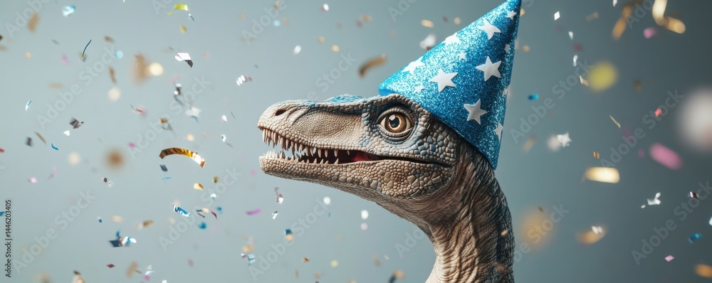 A close-up of a velociraptor dinosaur wearing a blue party hat with white stars, with confetti falling all around.