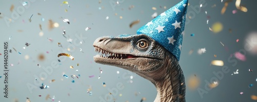 Obraz na płótnie A close-up of a velociraptor dinosaur wearing a blue party hat with white stars, with confetti falling all around. w salonie