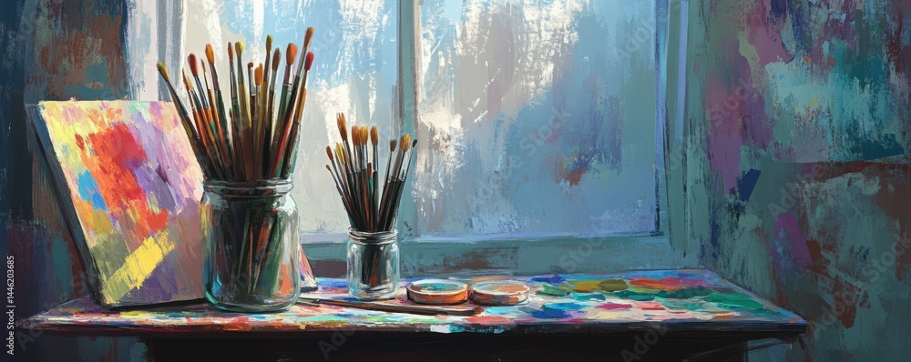 A collection of paintbrushes rests in a jar on a table beside a vibrant artist's palette.