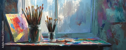 Obraz na płótnie A collection of paintbrushes rests in a jar on a table beside a vibrant artist's palette. w salonie