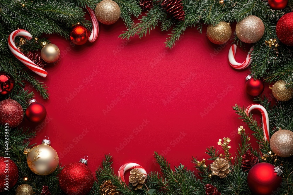 Festive Christmas with Pine Branches, Red Ornaments, Candy Canes on Red Festive Christmas with Pine Branches, Red Ornaments, Candy Canes on Red