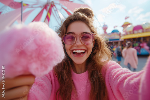 Woman taking selfie with pink cotton candy at carnival